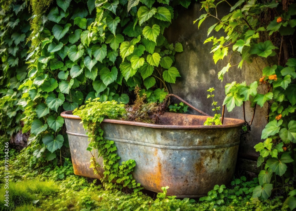 Rustic, worn, and weathered old metal tub with a faded patina, surrounded by lush greenery and vines, evoking a sense of nostalgia and rural charm. Rustic, worn, and weathered old metal tub with a faded patina, surrounded by lush greenery and vines, evoking a sense of nostalgia and rural charm.
