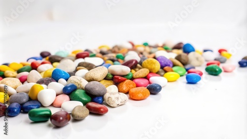 Colorful Pebbles Scattered on a White Background photo