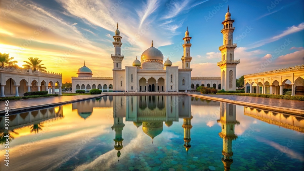 Naklejka premium A beautiful mosque with a peaceful water pool in front of it, mosque, water pool, Islamic architecture, reflection