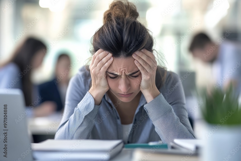 A woman holding her head in hands shows frustration, stress, or a headache, surrounded by office supplies and colleagues working in background. A woman holding her head in hands shows frustration, stress, or a headache, surrounded by office supplies and colleagues working in background.