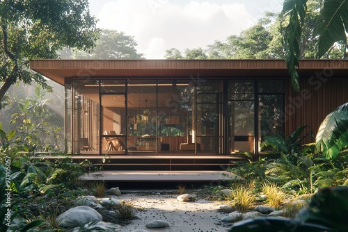 In a beach house or luxurious villa with a grassy yard and a swimming pool, there is a vacant outside wooden terrace. This picture shows a sea view from the outside of the building.