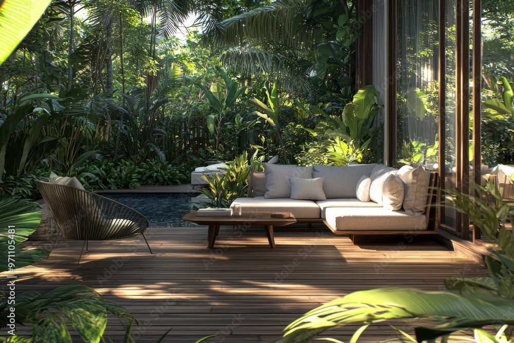 Fototapeta premium A modern terrace and garden surround the house.