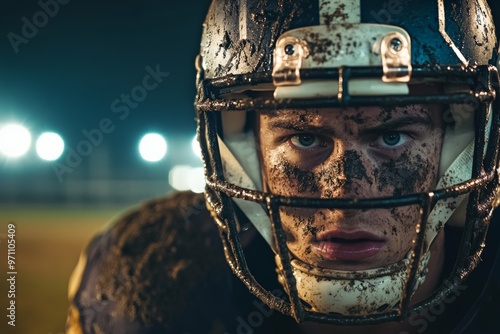 A football player, wearing a helmet and muddy gear, participates in a night game under intense stadium lights, emphasizing the spirit and determination inherent in football. photo