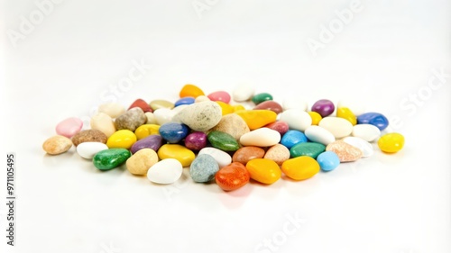 Colorful Pebbles Scattered on a White Surface