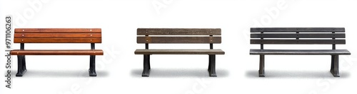 An assortment of different designs for a waiting bench in a park or outdoors isolated with a transparent background cutout - Stock