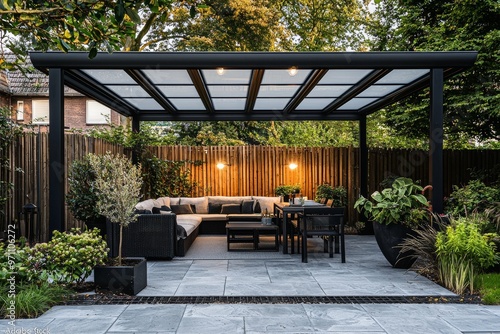 A pergola shade structure, an awning, a patio roof, a dining table, seats, and a grill are common components of modern patio furniture. photo