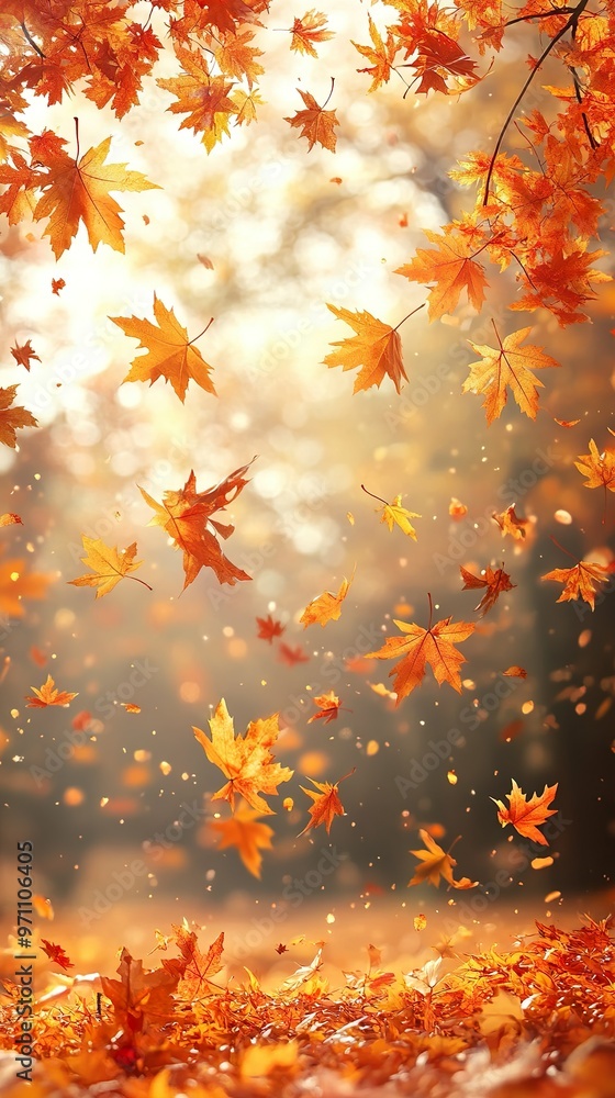Floating leaves warm orange tones creating rich autumn inspired background Floating leaves warm orange tones creating rich autumn inspired background