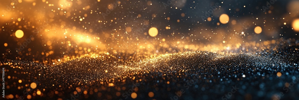 Naklejka premium A captivating display of glowing golden light particles against a dark background, creating a rich and dynamic effect perfect for festive designs, luxurious presentations, or abstract backgrounds with