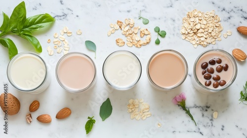 A Flat Lay Presentation of Almond, Soy, and Oat Milk in Glass Containers, Accompanied by Almonds, Oats, and Fresh Herbs, Against a White Marble Background photo