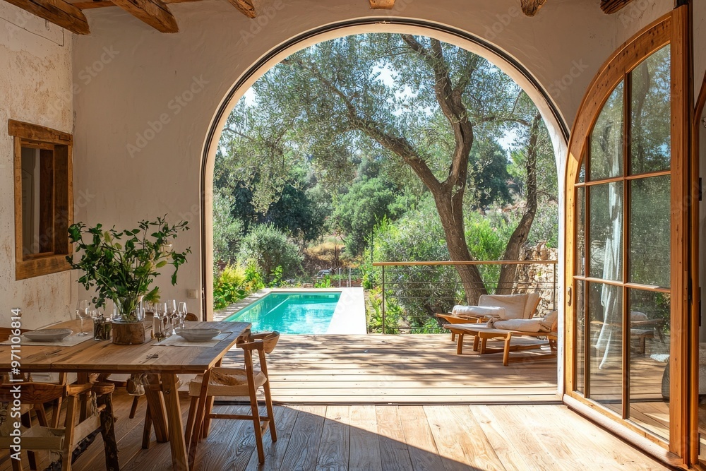Fototapeta premium A generative AI image of a trendy outdoor patio, a cosy terrace with furniture, and a cool generative AI image