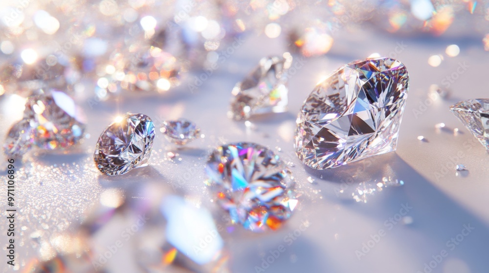 Fototapeta premium Multiple diamonds of various sizes scattered elegantly on a white background, with each gem catching and reflecting light in a dazzling display.