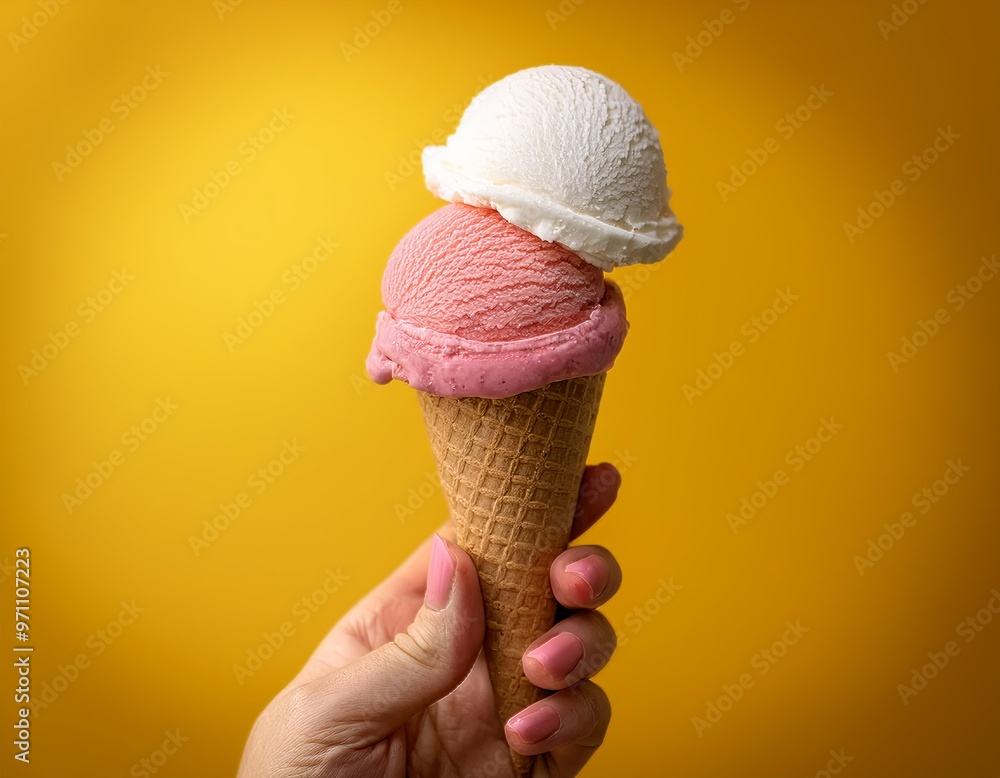 Hand holding a two-scoop pink and white ice cream cone against a yellow background. Hand holding a two-scoop pink and white ice cream cone against a yellow background.