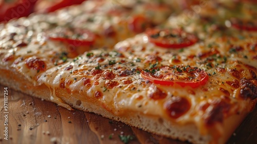 An enticing image of a square slice of pizza topped with melted cheese, tomato slices, and herbs, representing a savory meal perfect for food enthusiasts and pizza lovers.