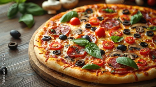 A delicious fresh pizza topped with an array of colorful ingredients such as tomatoes, olives, basil, mushrooms, and pepperoni, beautifully arranged and ready to eat.