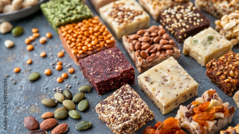 Assortment of Vegan Protein Snacks Featuring a Variety of Nuts, Seeds, and Dried Fruits. Assortment of Vegan Protein Snacks Featuring a Variety of Nuts, Seeds, and Dried Fruits.