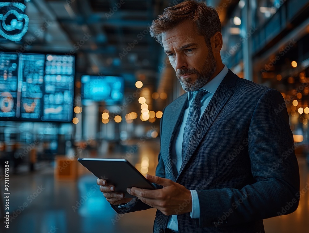 A corporate man in a business suit is intensely reviewing data on a digital tablet, standing in an office environment with glowing digital displays. A corporate man in a business suit is intensely reviewing data on a digital tablet, standing in an office environment with glowing digital displays.