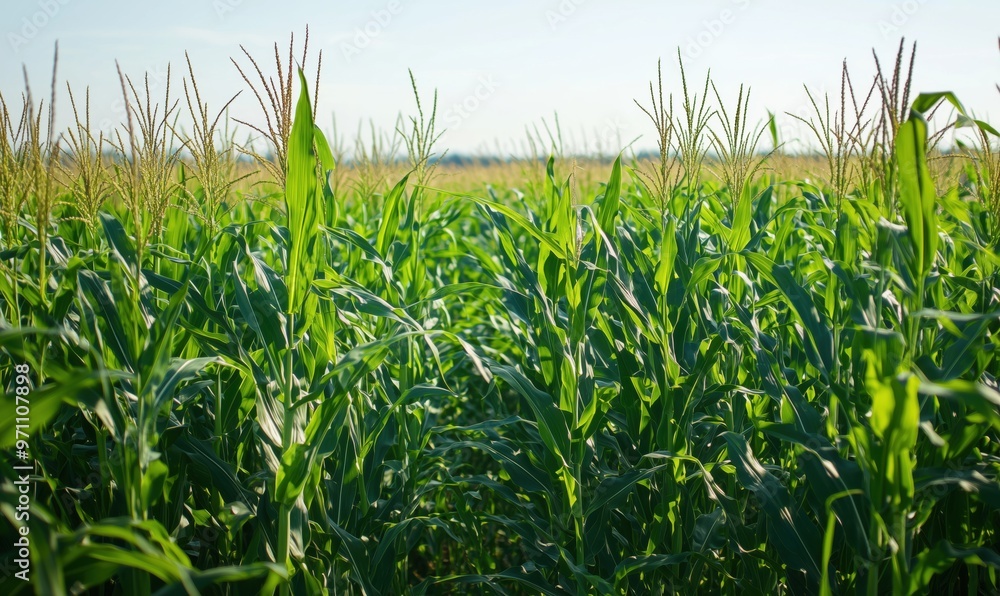 A field of corn is in full bloom. The corn is tall and green, and the field is vast. Concept of abundance and growth, as the corn plants are thriving in the open field A field of corn is in full bloom. The corn is tall and green, and the field is vast. Concept of abundance and growth, as the corn plants are thriving in the open field