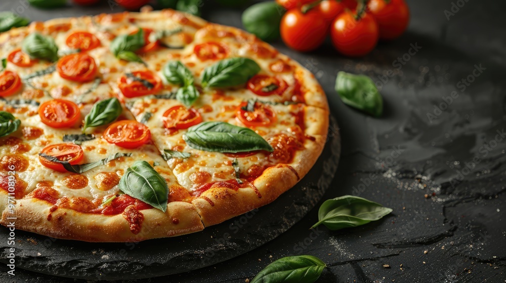 A mouth-watering pizza adorned with tomato slices, fresh basil, and gooey melted cheese set on a table, capturing the essence of a delightful homemade pizza experience. A mouth-watering pizza adorned with tomato slices, fresh basil, and gooey melted cheese set on a table, capturing the essence of a delightful homemade pizza experience.