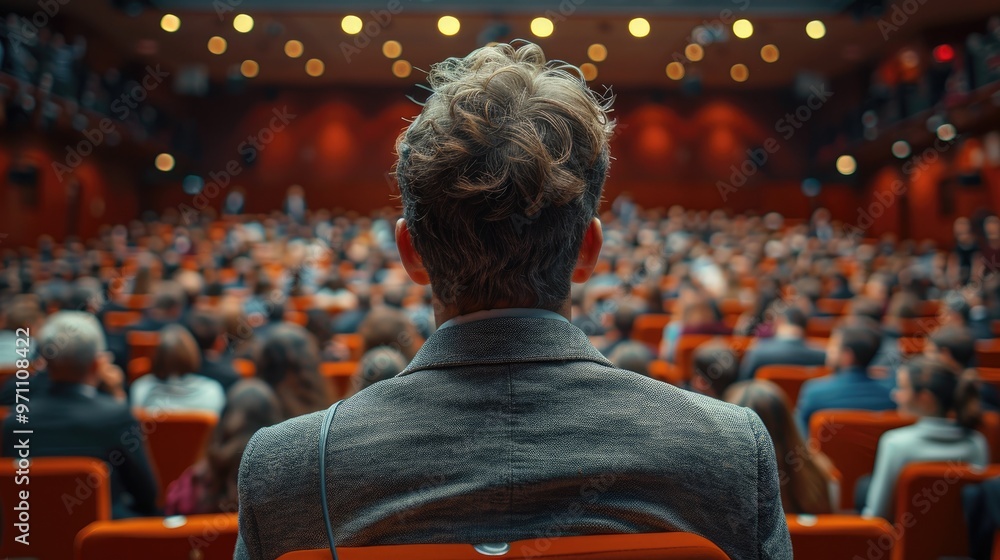 A person with their back to the camera watches a packed audience in a dimly lit theater, capturing the intensity of public speaking and crowd engagement. A person with their back to the camera watches a packed audience in a dimly lit theater, capturing the intensity of public speaking and crowd engagement.