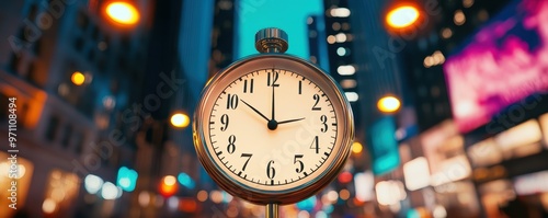 Iconic countdown clock ticking toward midnight in a bustling city square, vibrant festive lights all around photo