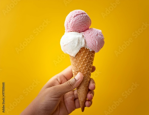 Hand holding a two-scoop pink and white ice cream cone against a yellow background.