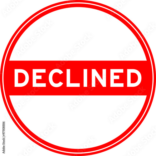 Red color round seal sticker in word declined on white background
