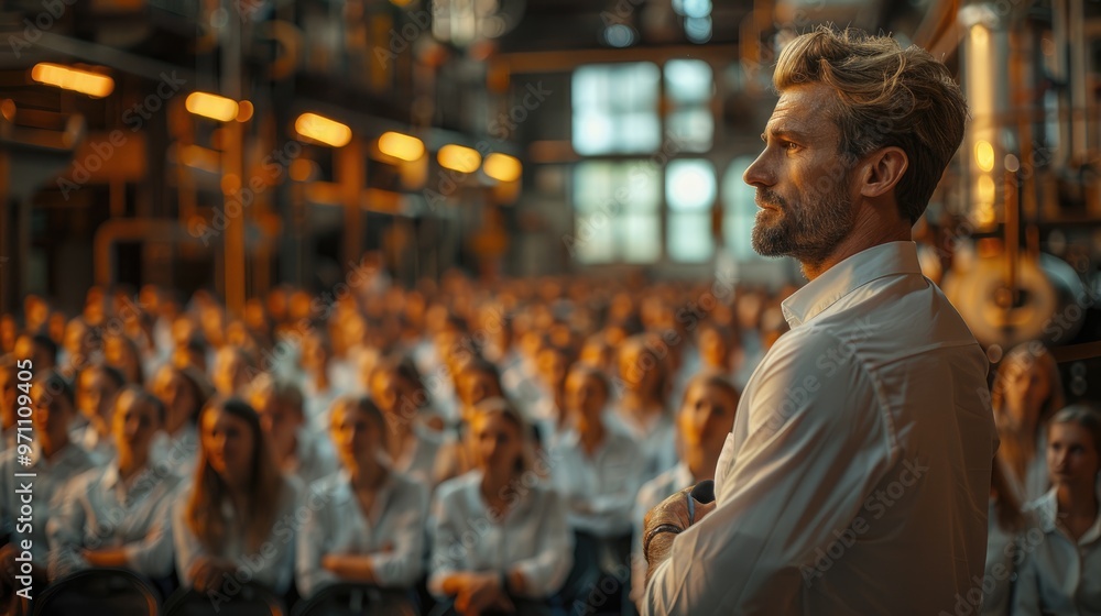A man in a white shirt stands before a large, attentive audience in a modern, warmly-lit indoor setting, exuding confidence and thoughtfulness as he prepares to speak. A man in a white shirt stands before a large, attentive audience in a modern, warmly-lit indoor setting, exuding confidence and thoughtfulness as he prepares to speak.