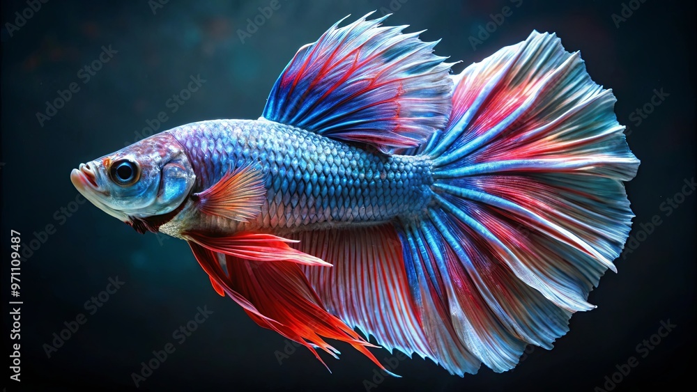 Close-up of a Halfmoon betta fish displaying its intricate fin patterns and iridescent scales while in motion Close-up of a Halfmoon betta fish displaying its intricate fin patterns and iridescent scales while in motion