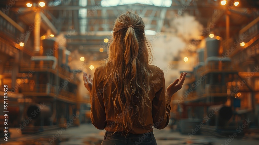 Obraz premium A woman stands in the center of an industrial factory filled with machinery and steam, symbolizing progress, industry, and determination against a backdrop of modern industry.