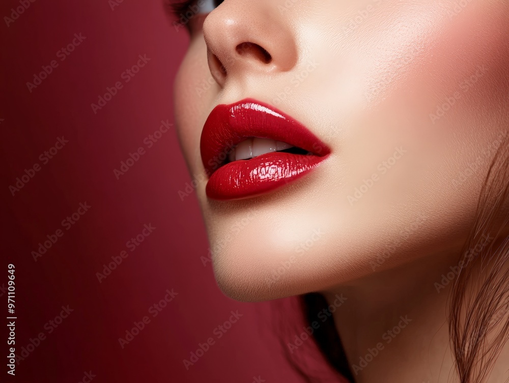Close-up of a Woman's Lips Wearing Vibrant Red Lipstick, a Bold and Affordable Beauty Statement Close-up of a Woman's Lips Wearing Vibrant Red Lipstick, a Bold and Affordable Beauty Statement