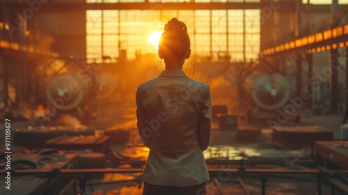 A woman stands in the sunlight surrounded by industrial equipment, showcasing a scene filled with warmth, innovation, and the contrast of human presence within machinery. photo