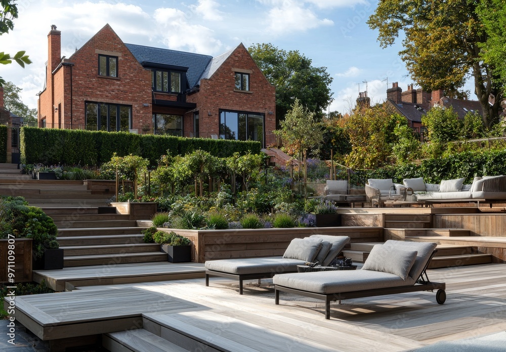 The stylish, luxury, designer patio and garden with loungers and plants are shown on a sunny, summer day. The stylish, luxury, designer patio and garden with loungers and plants are shown on a sunny, summer day.