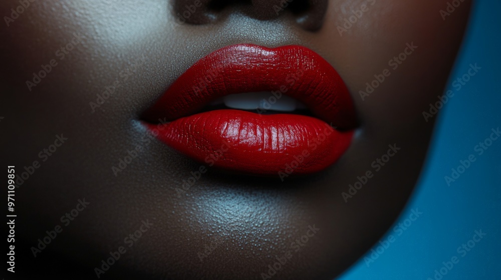 Obraz premium Close-up of Lush Red Lipstick on a Model's Lips, Captivating and Sensual, Perfect for Cosmetics Advertising or Beauty Editorials