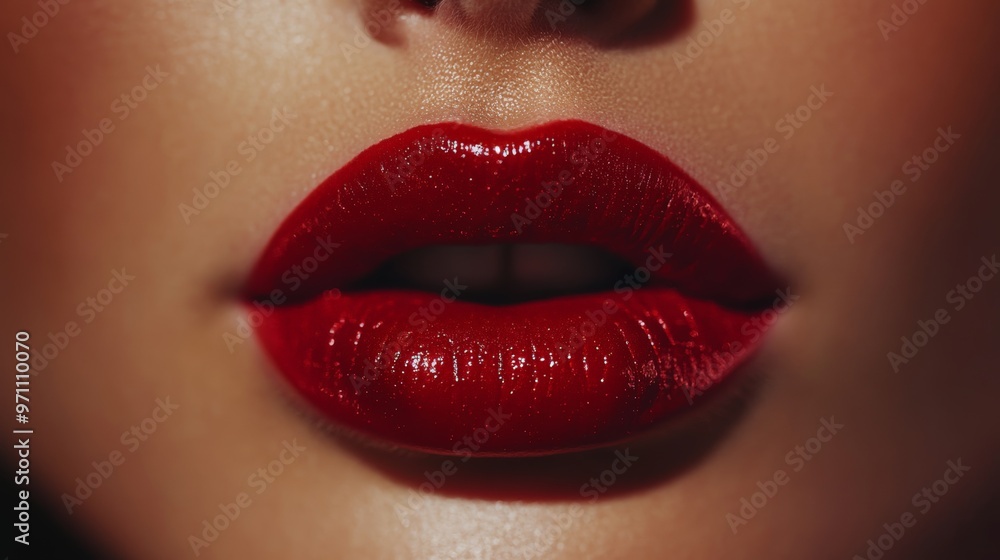 Obraz premium Close-Up of Red Lipstick on Lips, Emphasizing the Beauty and Sensuality of a Woman's Mouth, Perfect for Cosmetic and Beauty Campaigns