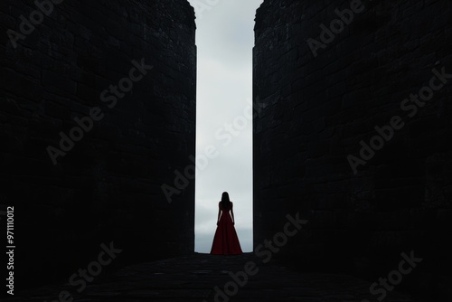 Red dress with gloomy Gothic castle background. Book cover. Stock image.