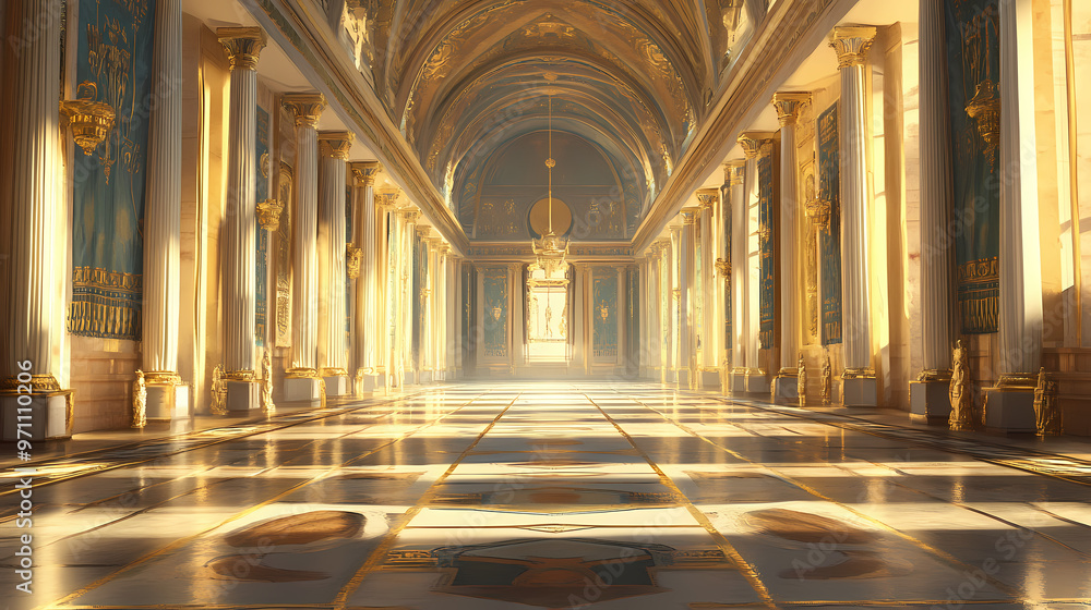 Fototapeta premium Interior of a royal palace castle of egyptian empire in ancient times background, generative ai. Roman Empire. Illustration