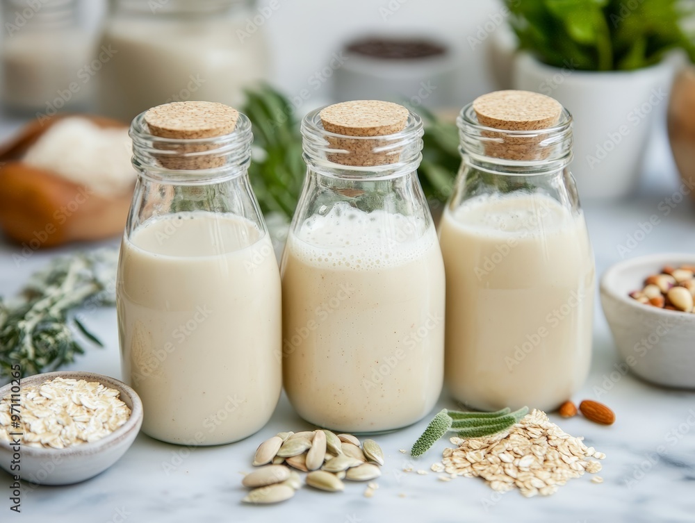 Close-up of Three Glass Bottles Filled with Fresh Plant-Based Milk, Featuring Ingredients like Oats, Pumpkin Seeds, and Almonds. The Bottles are Arranged on a White Marble Surface with a Rustic Close-up of Three Glass Bottles Filled with Fresh Plant-Based Milk, Featuring Ingredients like Oats, Pumpkin Seeds, and Almonds. The Bottles are Arranged on a White Marble Surface with a Rustic