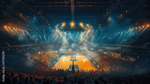 An energetic basketball game unfolds at a packed arena with vibrant lights and cheering fans during an exciting night match. Generative AI
