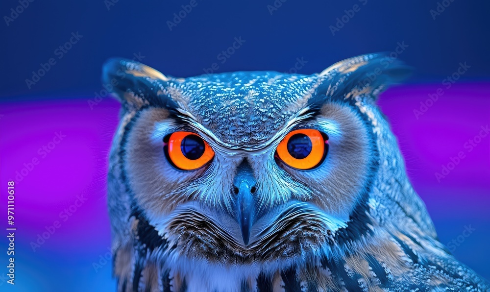 A close-up of a majestic owl with striking orange eyes set against a vivid blue background, showcasing its intricate feathers. A close-up of a majestic owl with striking orange eyes set against a vivid blue background, showcasing its intricate feathers.