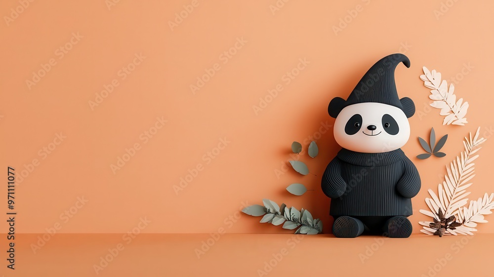 Panda dressed as a witch, surrounded by magical herbs, flat design illustration Panda dressed as a witch, surrounded by magical herbs, flat design illustration