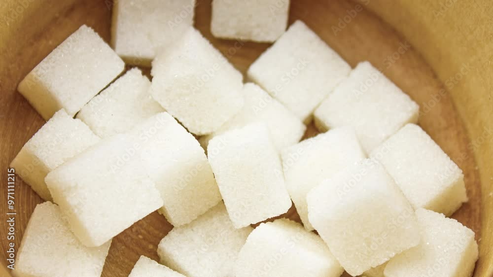 Cube sugar in a wooden bowl. Sugar, ingredient, white sugar, animation. Cube sugar in a wooden bowl. Sugar, ingredient, white sugar, animation.