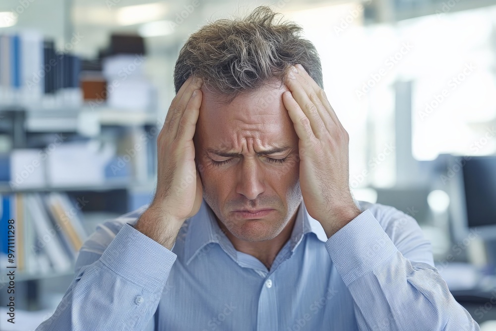 Man in blue shirt covers his face with hands Man in blue shirt covers his face with hands