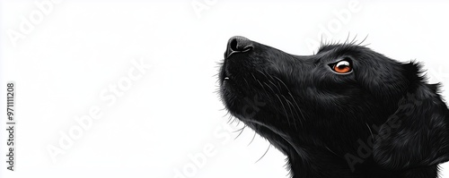 A close-up of a black dog's face looking upwards with a thoughtful expression against a white background.
