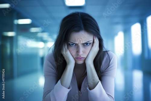 Woman wearing pink shirt sits in hallway.