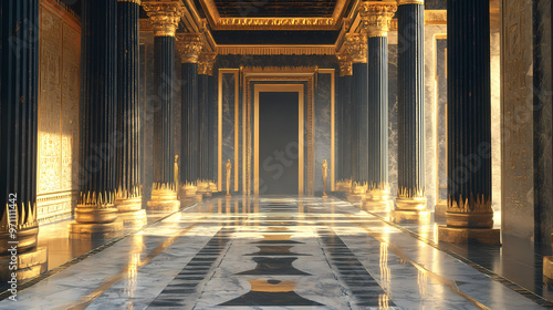 Interior of a royal palace castle of egyptian empire in ancient times background. interior of castle, beautiful royal palace black and gold marble, luxury. generative ai. Roman Empire. Illustration