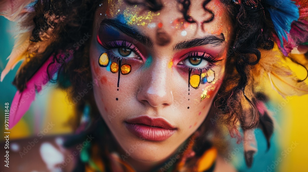 A close-up of a person with colorful makeup, gazing intensely at the camera with an artistic background - A close-up of a person with colorful makeup, gazing intensely at the camera with an artistic background -