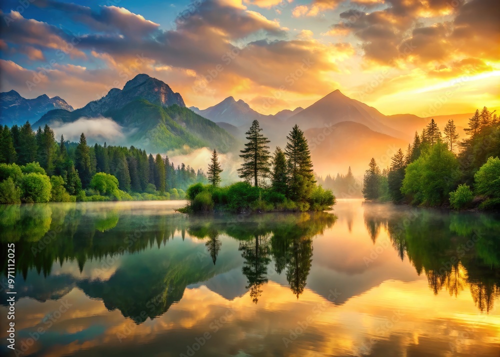Serene landscape of misty mountains, lush green trees, and a tranquil lake reflecting a warm, sunset sky with gentle ripples and a sense of calmness. Serene landscape of misty mountains, lush green trees, and a tranquil lake reflecting a warm, sunset sky with gentle ripples and a sense of calmness.