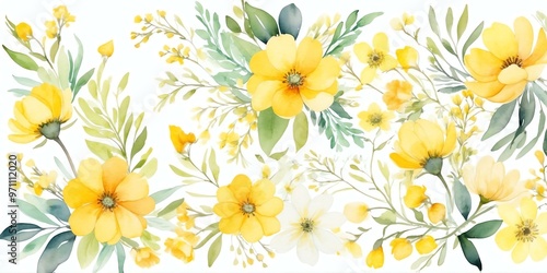 pretty yellow theme flowers on pastel white background, concept for banner, watercolor style