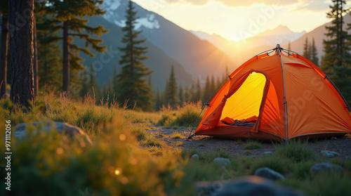 Scenic Camping Adventures: Vibrant Tents in Stunning Natural Landscapes with Campfires, Mountains, and Lakes at Sunset