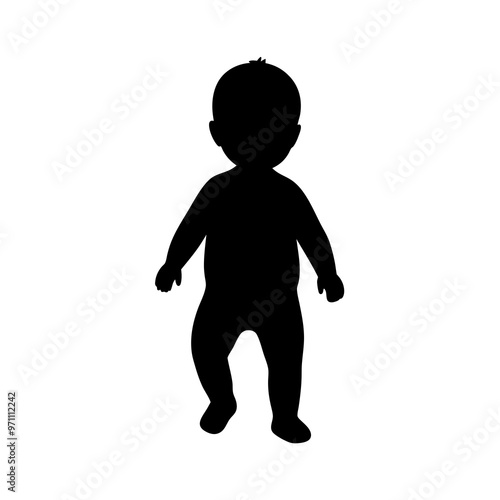 A baby is standing in the middle of a white background